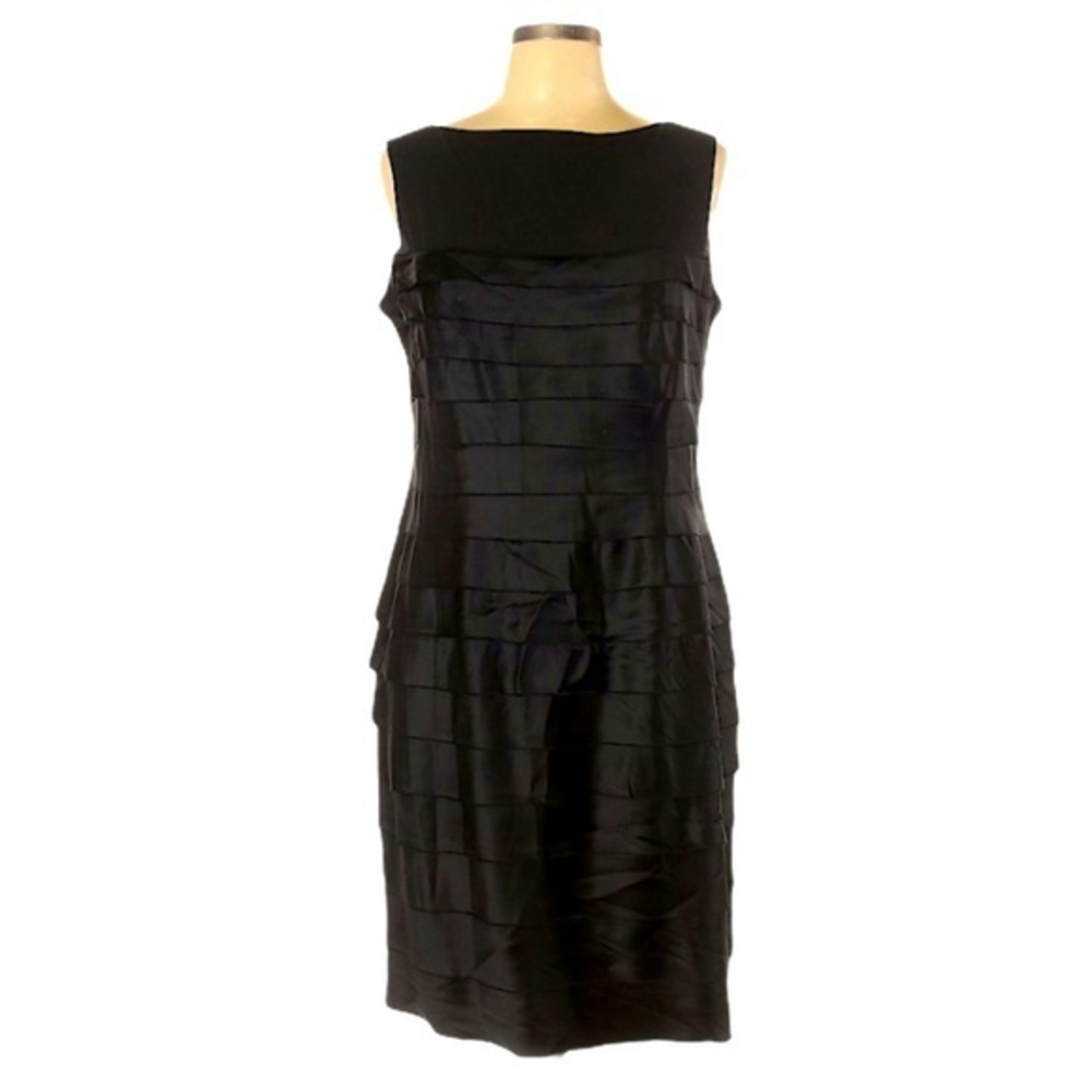 Jones New York 12 black layered boat neck sleeveless satin cocktail sheath dress